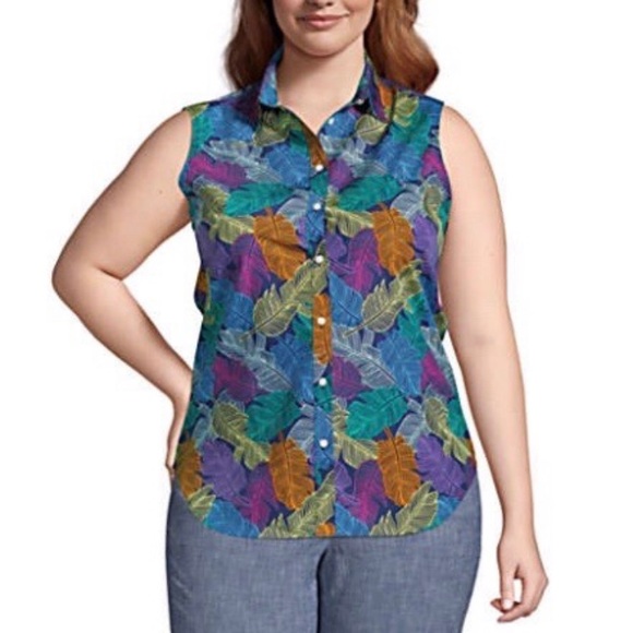 Lands' End Tops - Lands End Deep Sea Navy Palm No Iron Top